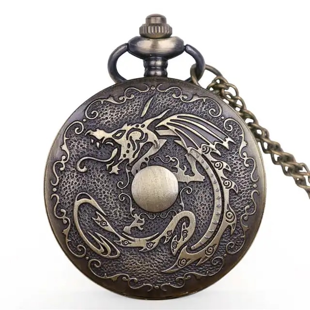 Vintage Bronze Chinese Style Dragon Design Quartz Pocket Watch With Necklace Chain Best Gift CF1039