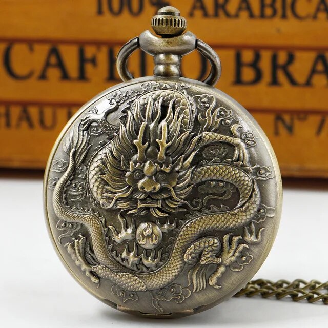 Retro Chinese Style Double Dragons Playing with Beads Quartz Pocket Watch With Chain Necklace Pendant Fob Watches