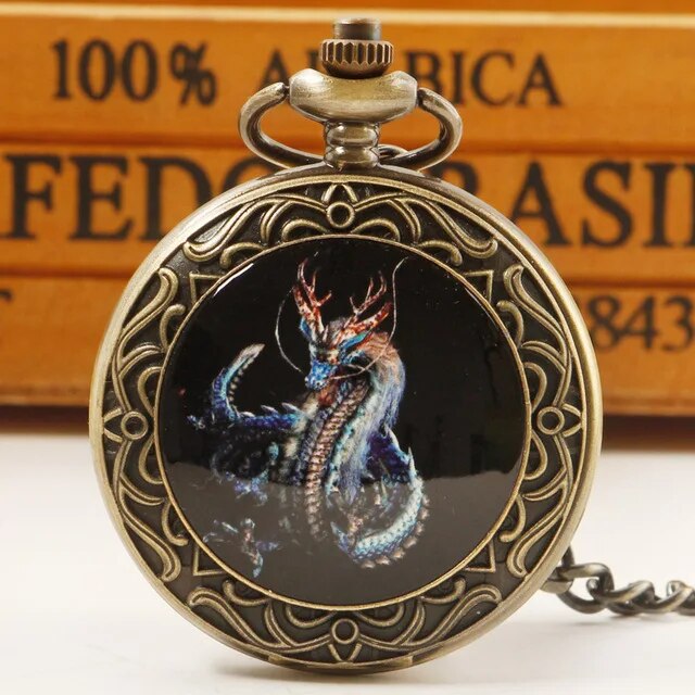 Retro Chinese Style Double Dragons Playing with Beads Quartz Pocket Watch With Chain Necklace Pendant Fob Watches