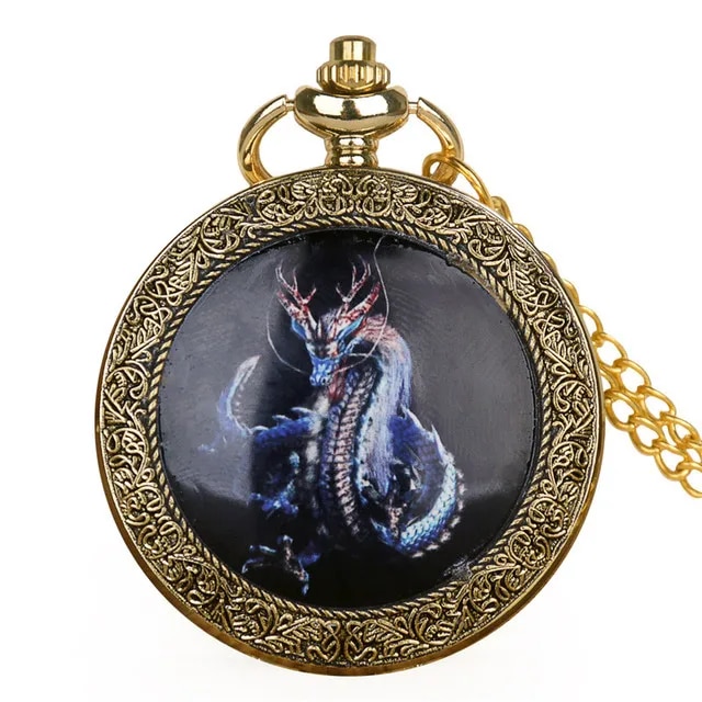 Vintage Bronze Chinese Style Dragon Design Quartz Pocket Watch With Necklace Chain Best Gift CF1039