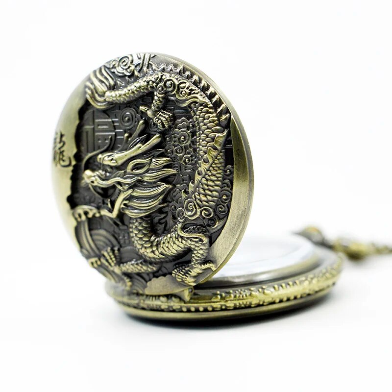 Vintage Bronze Chinese Style Dragon Design Quartz Pocket Watch With Necklace Chain Best Gift CF1039