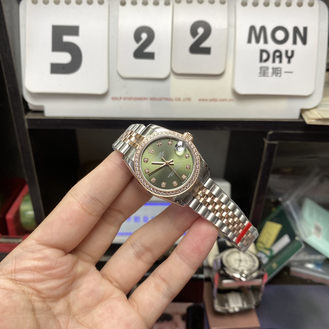 Rolex Datejust series m278383rbr-0030, Two-Tone Gold Case with Green Dial and Diamond Bezel, 31mm size, Jubilee bracelet.