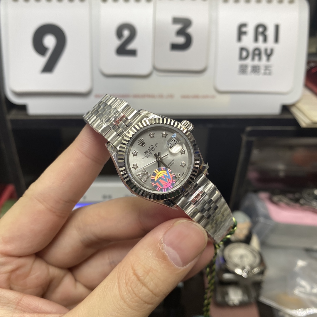 Rolex Datejust Series m279174-0021, Sunburst Silver Dial with Star-Shaped Diamond Hour Markers, 28mm Size, Five-Link Steel Bracelet.