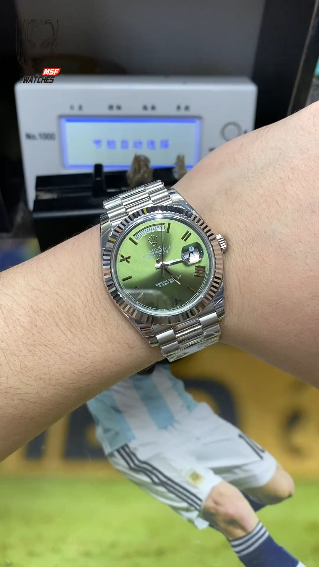 Rolex Day-Date series m228239-0033, Silver Case Olive Green Dial with Roman Numeral Markers, Instantaneous Day and Date Functions, 40mm Size.