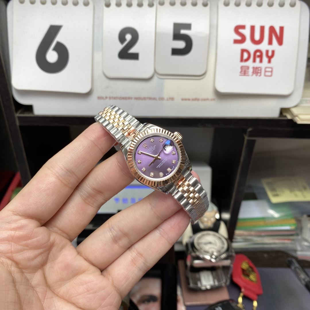 Rolex Datejust series m279171-0015, Rose Gold with Purple Dial and Diamond Hour Markers, 28mm Size.